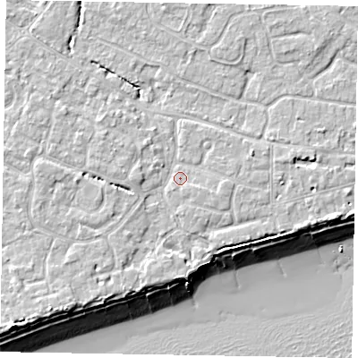 Shaded relief map of the ground around PO214AA, computed from Environment Agency LiDAR. The ground here sits at about 5 m above sea level and falls 11 m across the surrounding 800 m. Surface water reaching this point runs off ground lying to the north, 2.7 m higher.
