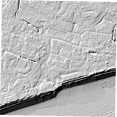 Shaded relief map of the ground around PO214AD, computed from Environment Agency LiDAR. The ground here sits at about 6 m above sea level and falls 10 m across the surrounding 800 m. Surface water reaching this point runs off ground lying to the east-south-east, 0.9 m higher.