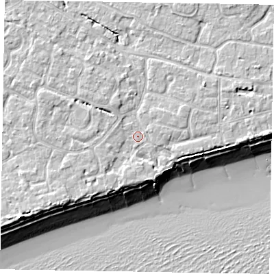Shaded relief map of the ground around PO214AJ, computed from Environment Agency LiDAR. The ground here sits at about 5 m above sea level and falls 11 m across the surrounding 800 m. Surface water reaching this point runs off ground lying to the south-west, 3.2 m higher.