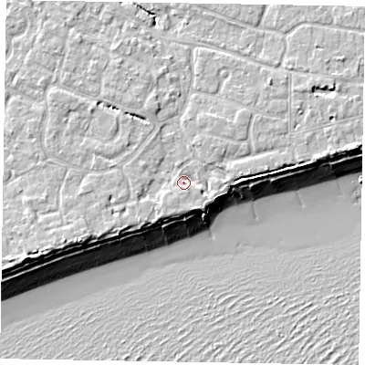 Shaded relief map of the ground around PO214AL, computed from Environment Agency LiDAR. The ground here sits at about 5 m above sea level and falls 11 m across the surrounding 800 m. Surface water reaching this point runs off ground lying to the south-south-east, 2.1 m higher.