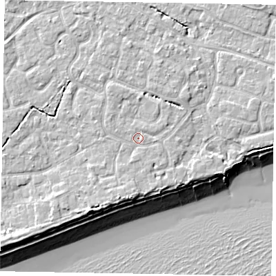 Shaded relief map of the ground around PO214AN, computed from Environment Agency LiDAR. The ground here sits at about 6 m above sea level and falls 11 m across the surrounding 800 m. Surface water reaching this point runs off ground lying to the south-south-west, 1.7 m higher.
