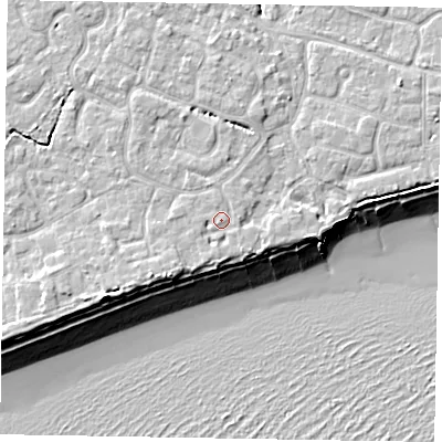 Shaded relief map of the ground around PO214AW, computed from Environment Agency LiDAR. The ground here sits at about 6 m above sea level and falls 11 m across the surrounding 800 m. Surface water reaching this point runs off ground lying to the south-west, 2.1 m higher.