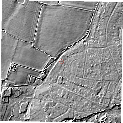 Shaded relief map of the ground around PO214NP, computed from Environment Agency LiDAR. The ground here sits at about 4 m above sea level and falls 6 m across the surrounding 800 m. Surface water reaching this point runs off ground lying to the north-east, 3.0 m higher.