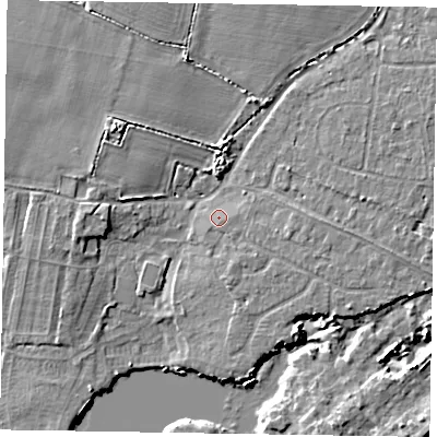 Shaded relief map of the ground around PO214NR, computed from Environment Agency LiDAR. The ground here sits at about 4 m above sea level and falls 6 m across the surrounding 800 m. The ground contributing surface water to this point lies to the south.
