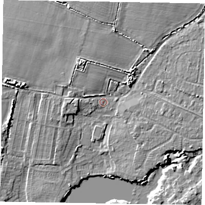 Shaded relief map of the ground around PO214NS, computed from Environment Agency LiDAR. The ground here sits at about 3 m above sea level and falls 6 m across the surrounding 800 m. Surface water reaching this point runs off ground lying to the north-north-west, 4.4 m higher.