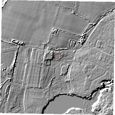 Shaded relief map of the ground around PO214NT, computed from Environment Agency LiDAR. The ground here sits at about 3 m above sea level and falls 6 m across the surrounding 800 m. Surface water reaching this point runs off ground lying to the west-north-west, 2.9 m higher.