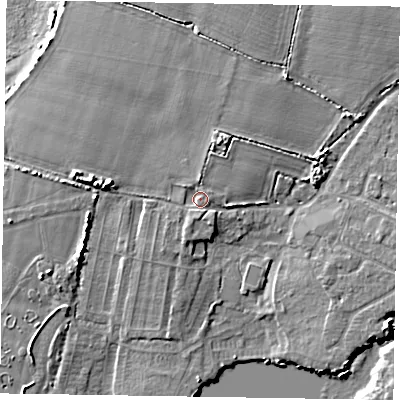 Shaded relief map of the ground around PO214NU, computed from Environment Agency LiDAR. The ground here sits at about 5 m above sea level and falls 6 m across the surrounding 800 m. Surface water reaching this point runs off ground lying to the north, 1.6 m higher.