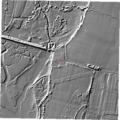Shaded relief map of the ground around PO214NX, computed from Environment Agency LiDAR. The ground here sits at about 4 m above sea level and falls 7 m across the surrounding 800 m. Surface water reaching this point runs off ground lying to the south, 1.8 m higher.