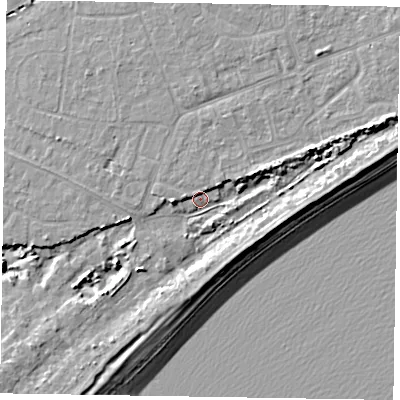 Shaded relief map of the ground around PO214SP, computed from Environment Agency LiDAR. The ground here sits at about 4 m above sea level and falls 9 m across the surrounding 800 m. Surface water reaching this point runs off ground lying to the east-north-east, 5.7 m higher.