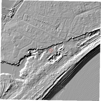 Shaded relief map of the ground around PO214SR, computed from Environment Agency LiDAR. The ground here sits at about 3 m above sea level and falls 8 m across the surrounding 800 m. Surface water reaching this point runs off ground lying to the north-east, 4.9 m higher.