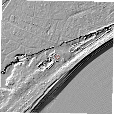 Shaded relief map of the ground around PO214SS, computed from Environment Agency LiDAR. The ground here sits at about 4 m above sea level and falls 9 m across the surrounding 800 m. Surface water reaching this point runs off ground lying to the north-west, 1.0 m higher.