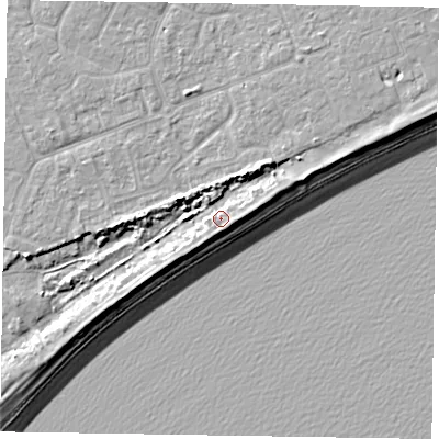 Shaded relief map of the ground around PO214ST, computed from Environment Agency LiDAR. The ground here sits at about 5 m above sea level and falls 9 m across the surrounding 800 m. Surface water reaching this point runs off ground lying to the south-south-west, 2.6 m higher.
