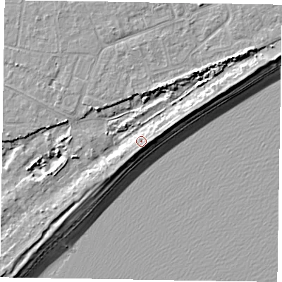 Shaded relief map of the ground around PO214SU, computed from Environment Agency LiDAR. The ground here sits at about 6 m above sea level and falls 9 m across the surrounding 800 m. Surface water reaching this point runs off ground lying to the south, 3.9 m higher.