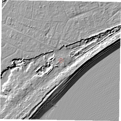 Shaded relief map of the ground around PO214SX, computed from Environment Agency LiDAR. The ground here sits at about 4 m above sea level and falls 9 m across the surrounding 800 m. Surface water reaching this point runs off ground lying to the east-north-east, 4.4 m higher.