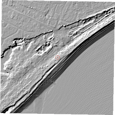 Shaded relief map of the ground around PO214SY, computed from Environment Agency LiDAR. The ground here sits at about 5 m above sea level and falls 9 m across the surrounding 800 m. Surface water reaching this point runs off ground lying to the east-north-east, 2.2 m higher.