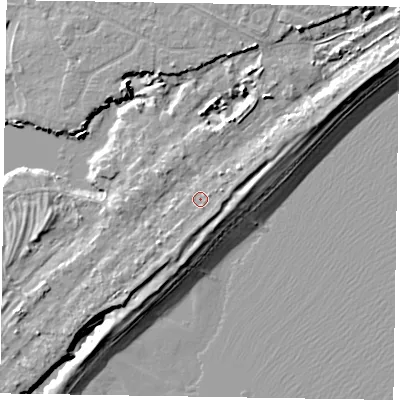 Shaded relief map of the ground around PO214SZ, computed from Environment Agency LiDAR. The ground here sits at about 5 m above sea level and falls 8 m across the surrounding 800 m. Surface water reaching this point runs off ground lying to the south-south-east, 1.1 m higher.