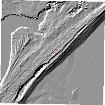 Shaded relief map of the ground around PO214TA, computed from Environment Agency LiDAR. The ground here sits at about 5 m above sea level and falls 8 m across the surrounding 800 m. Surface water reaching this point runs off ground lying to the south-south-west, 1.2 m higher.
