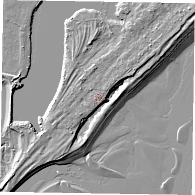 Shaded relief map of the ground around PO214TB, computed from Environment Agency LiDAR. The ground here sits at about 5 m above sea level and falls 7 m across the surrounding 800 m. Surface water reaching this point runs off ground lying to the west-north-west, 0.7 m higher.