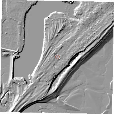 Shaded relief map of the ground around PO214TD, computed from Environment Agency LiDAR. The ground here sits at about 5 m above sea level and falls 7 m across the surrounding 800 m. Surface water reaching this point runs off ground lying to the north-north-west, 1.5 m higher.