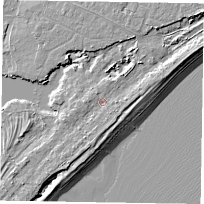 Shaded relief map of the ground around PO214TF, computed from Environment Agency LiDAR. The ground here sits at about 4 m above sea level and falls 8 m across the surrounding 800 m. Surface water reaching this point runs off ground lying to the south-south-east, 1.9 m higher.