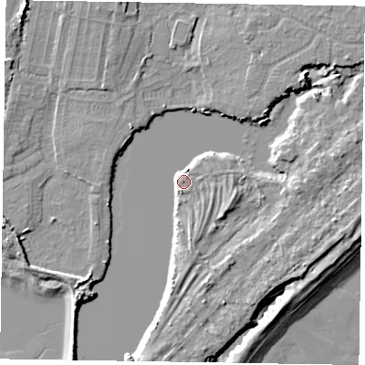 Shaded relief map of the ground around PO214TH, computed from Environment Agency LiDAR. The ground here sits at about 4 m above sea level and falls 8 m across the surrounding 800 m. Surface water reaching this point runs off ground lying to the north-east, 6.0 m higher.