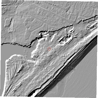 Shaded relief map of the ground around PO214TJ, computed from Environment Agency LiDAR. The ground here sits at about 4 m above sea level and falls 8 m across the surrounding 800 m. Surface water reaching this point runs off ground lying to the south, 2.1 m higher.