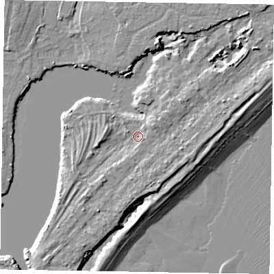 Shaded relief map of the ground around PO214TQ, computed from Environment Agency LiDAR. The ground here sits at about 3 m above sea level and falls 8 m across the surrounding 800 m. Surface water reaching this point runs off ground lying to the south-south-east, 3.4 m higher.