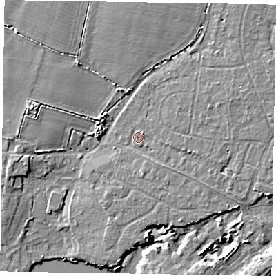 Shaded relief map of the ground around PO214TX, computed from Environment Agency LiDAR. The ground here sits at about 4 m above sea level and falls 6 m across the surrounding 800 m. Surface water reaching this point runs off ground lying to the east-north-east, 1.9 m higher.