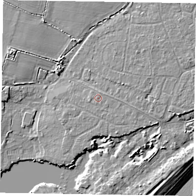 Shaded relief map of the ground around PO214UL, computed from Environment Agency LiDAR. The ground here sits at about 5 m above sea level and falls 8 m across the surrounding 800 m. The ground contributing surface water to this point lies to the west-south-west.