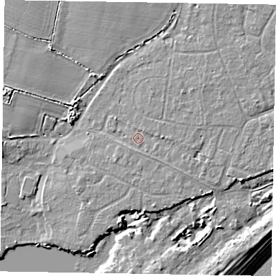 Shaded relief map of the ground around PO214UN, computed from Environment Agency LiDAR. The ground here sits at about 4 m above sea level and falls 8 m across the surrounding 800 m. Surface water reaching this point runs off ground lying to the north-east, 1.4 m higher.
