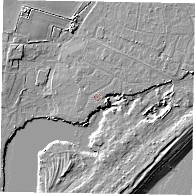 Shaded relief map of the ground around PO214UU, computed from Environment Agency LiDAR. The ground here sits at about 4 m above sea level and falls 8 m across the surrounding 800 m. Surface water reaching this point runs off ground lying to the north-east, 0.6 m higher.