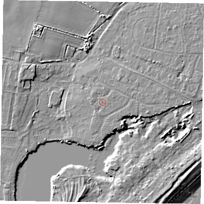 Shaded relief map of the ground around PO214UX, computed from Environment Agency LiDAR. The ground here sits at about 4 m above sea level and falls 8 m across the surrounding 800 m. Surface water reaching this point runs off ground lying to the north, 0.6 m higher.