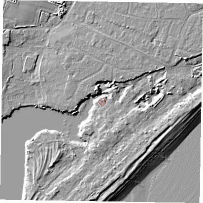 Shaded relief map of the ground around PO214XX, computed from Environment Agency LiDAR. The ground here sits at about 3 m above sea level and falls 8 m across the surrounding 800 m. Surface water reaching this point runs off ground lying to the north-north-west, 6.0 m higher.