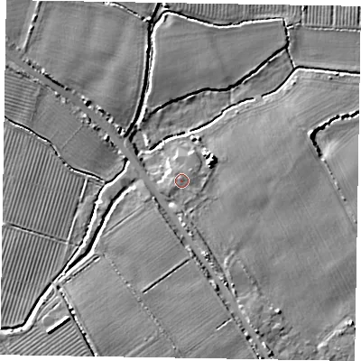 Shaded relief map of the ground around PO215EF, computed from Environment Agency LiDAR. The ground here sits at about 5 m above sea level and falls 6 m across the surrounding 800 m. Surface water reaching this point runs off ground lying to the east-north-east, 0.6 m higher.