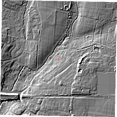 Shaded relief map of the ground around PO220AD, computed from Environment Agency LiDAR. The ground here sits at about 6 m above sea level and falls 12 m across the surrounding 800 m. Surface water reaching this point runs off ground lying to the east-south-east, 3.0 m higher.