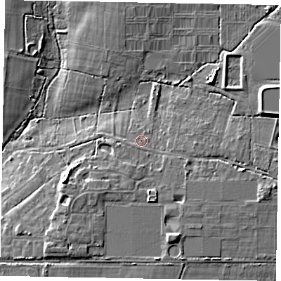 Shaded relief map of the ground around PO220AE, computed from Environment Agency LiDAR. The ground here sits at about 9 m above sea level and falls 10 m across the surrounding 800 m. Surface water reaching this point runs off ground lying to the south-south-west, 1.1 m higher.