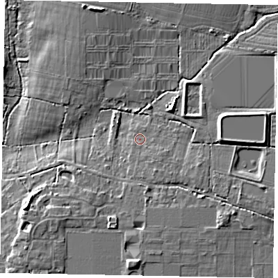 Shaded relief map of the ground around PO220AQ, computed from Environment Agency LiDAR. The ground here sits at about 9 m above sea level and falls 9 m across the surrounding 800 m. Surface water reaching this point runs off ground lying to the south-south-east, 1.9 m higher.