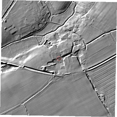 Shaded relief map of the ground around PO220BP, computed from Environment Agency LiDAR. The ground here sits at about 5 m above sea level and falls 8 m across the surrounding 800 m. Surface water reaching this point runs off ground lying to the west-south-west, 5.3 m higher.