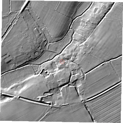 Shaded relief map of the ground around PO220BS, computed from Environment Agency LiDAR. The ground here sits at about 4 m above sea level and falls 8 m across the surrounding 800 m. Surface water reaching this point runs off ground lying to the east-north-east, 5.2 m higher.