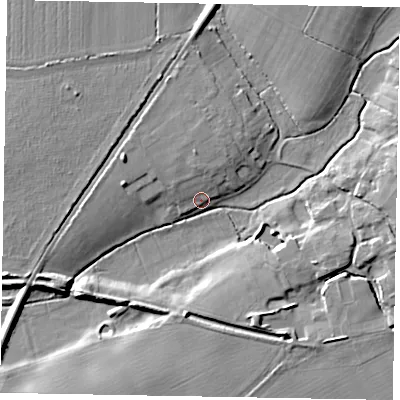 Shaded relief map of the ground around PO220BU, computed from Environment Agency LiDAR. The ground here sits at about 4 m above sea level and falls 9 m across the surrounding 800 m. Surface water reaching this point runs off ground lying to the west-north-west, 7.8 m higher.