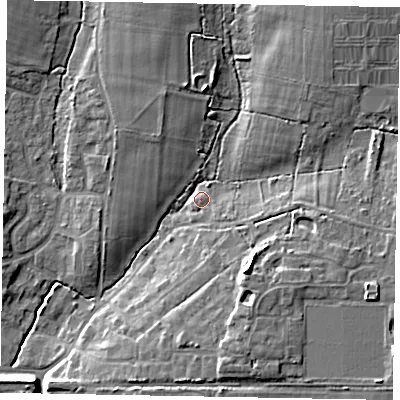 Shaded relief map of the ground around PO220BZ, computed from Environment Agency LiDAR. The ground here sits at about 6 m above sea level and falls 12 m across the surrounding 800 m. Surface water reaching this point runs off ground lying to the south-east, 9.2 m higher.