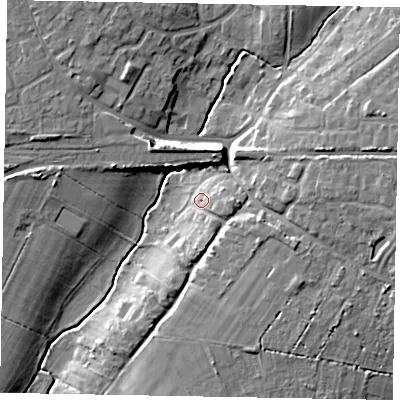 Shaded relief map of the ground around PO220DQ, computed from Environment Agency LiDAR. The ground here sits at about 6 m above sea level and falls 10 m across the surrounding 800 m. Surface water reaching this point runs off ground lying to the east-south-east, 5.0 m higher.