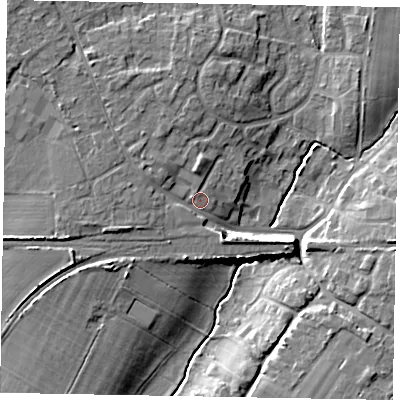 Shaded relief map of the ground around PO220ES, computed from Environment Agency LiDAR. The ground here sits at about 7 m above sea level and falls 9 m across the surrounding 800 m. Surface water reaching this point runs off ground lying to the north-west, 2.8 m higher.