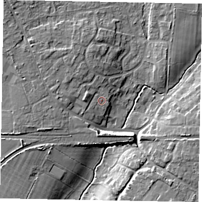 Shaded relief map of the ground around PO220GN, computed from Environment Agency LiDAR. The ground here sits at about 7 m above sea level and falls 9 m across the surrounding 800 m. Surface water reaching this point runs off ground lying to the north-west, 3.3 m higher.