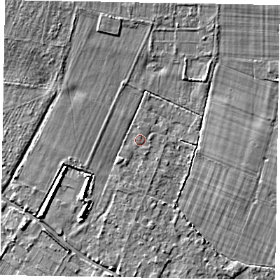 Shaded relief map of the ground around PO220HA, computed from Environment Agency LiDAR. The ground here sits at about 11 m above sea level and falls 9 m across the surrounding 800 m. Surface water reaching this point runs off ground lying to the north, 0.6 m higher.