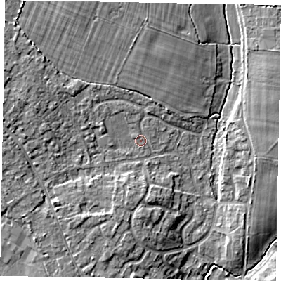Shaded relief map of the ground around PO220HR, computed from Environment Agency LiDAR. The ground here sits at about 7 m above sea level and falls 9 m across the surrounding 800 m. Surface water reaching this point runs off ground lying to the west-north-west, 5.2 m higher.