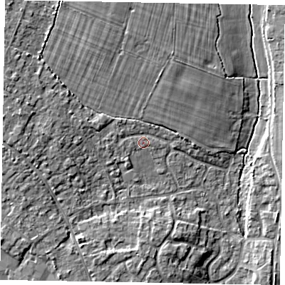 Shaded relief map of the ground around PO220HS, computed from Environment Agency LiDAR. The ground here sits at about 7 m above sea level and falls 7 m across the surrounding 800 m. Surface water reaching this point runs off ground lying to the west, 3.9 m higher.
