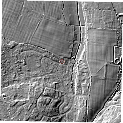 Shaded relief map of the ground around PO220HT, computed from Environment Agency LiDAR. The ground here sits at about 7 m above sea level and falls 7 m across the surrounding 800 m. Surface water reaching this point runs off ground lying to the north-north-west, 4.0 m higher.