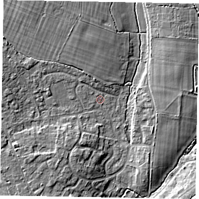 Shaded relief map of the ground around PO220HU, computed from Environment Agency LiDAR. The ground here sits at about 6 m above sea level and falls 8 m across the surrounding 800 m. Surface water reaching this point runs off ground lying to the north-west, 1.0 m higher.