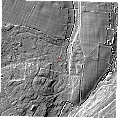Shaded relief map of the ground around PO220HX, computed from Environment Agency LiDAR. The ground here sits at about 5 m above sea level and falls 8 m across the surrounding 800 m. Surface water reaching this point runs off ground lying to the north-north-west, 5.1 m higher.